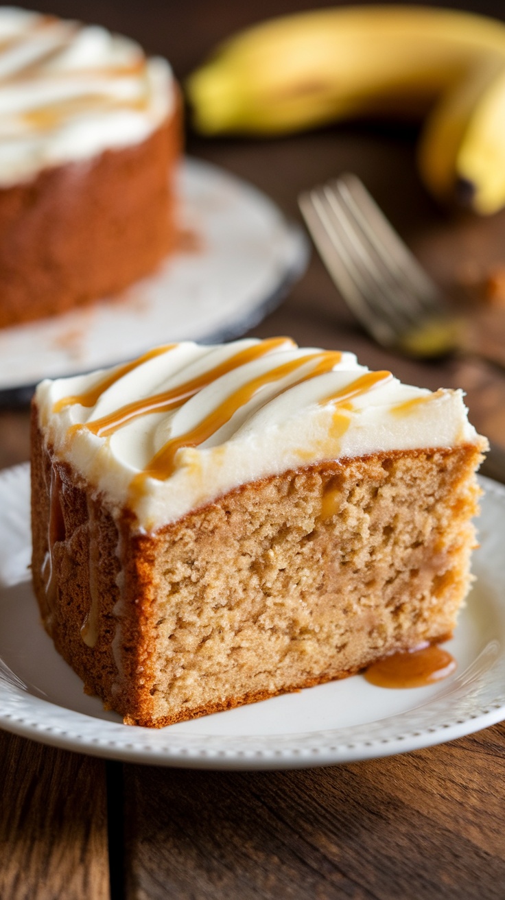 A slice of banana cake with cream cheese frosting on a plate, surrounded by fresh bananas on a wooden table.